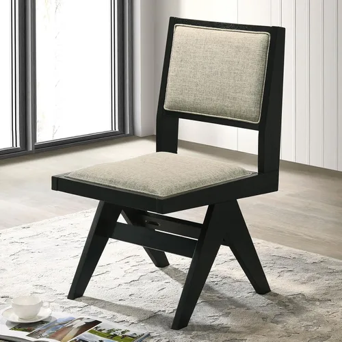 Vista 6 de Contemporary 2pc Dining Arm Chairs Set for Room Table & Seating Kitchen Chairs Fabric Upholstered Plank Arms Oak Veneer Rubberwood,Black-2set