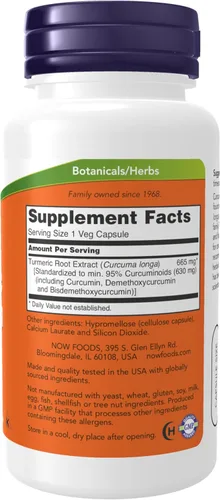 Vista 2 de NOW Foods Suplementos, curcumina de cúrcuma, derivada del extracto de raíz de cúrcuma, 95% curcuminoides, suplemento herbario, 60 cápsulas vegetales