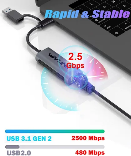 Vista 4 de Adaptador Wavlink USB C a Ethernet de 2.5 Gbps, adaptador USB 2 en 1 a Ethernet 2.5G, convertidor de red USB-C a RJ45
