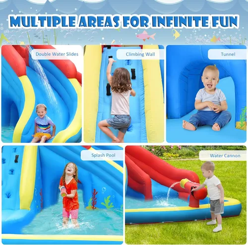 Vista 5 de BOUNTECH - Tobogán acuático inflable, parque acuático 7 en 1 para niños y adultos, diversión al aire libre con doble tobogán largo, soplador de 950