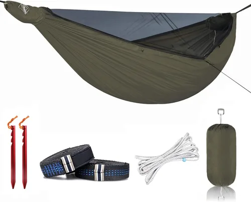 Vista 7 de Onewind Hamaca de Acampar de 11 pies con Mosquitera y Línea de Cresta Ajustable, Hamaca Doble Portátil Ligera con Correas para Árboles y Red
