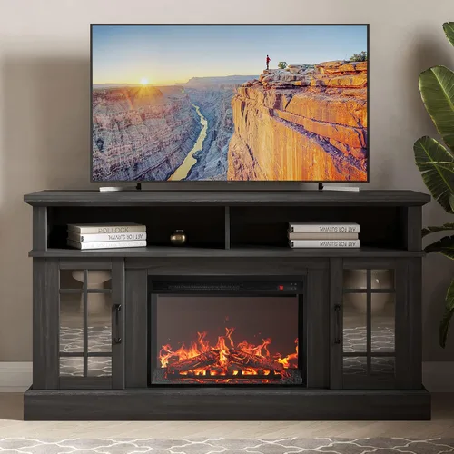 Vista 12 de BELLEZE Mueble TV, 48 pulgadas, con chimenea eléctrica funcional de 18 pulgadas, moderno, para TV de máx. 50 pulgadas, estantes abiertos y armarios