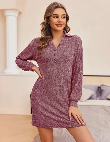 Vista 2 de Ekouaer Women's Nightgown Long Sleeve Ribbed Knit Sleep Shirts V Neck Sleepwear Button Notch Collar Nightshirt