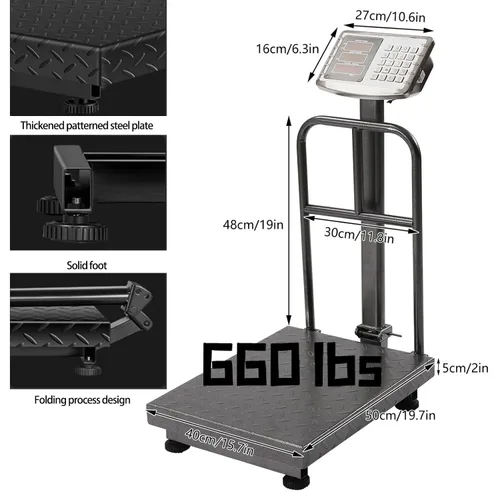 Vista 3 de Báscula de plataforma industrial de 660 libras con barandilla extraíble Balanza digital de piso para pesaje de equipaje, postal, envío y correo