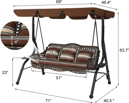 Vista 4 de AECOJOY Silla columpio de 3 asientos, columpio de patio con toldo, 2 bandejas laterales, 3 almohadas y cojín extraíble, columpio de mimbre