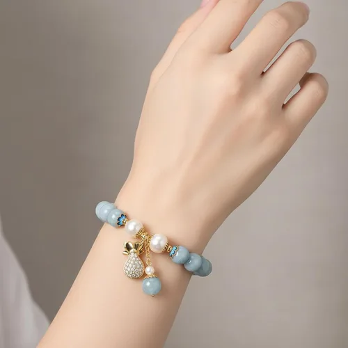 Vista 6 de RITIM Pulsera de aguamarina natural para mujer, pulsera de piedra de cristal curativo con perla, energía positiva, regalo de joyería de buena suerte