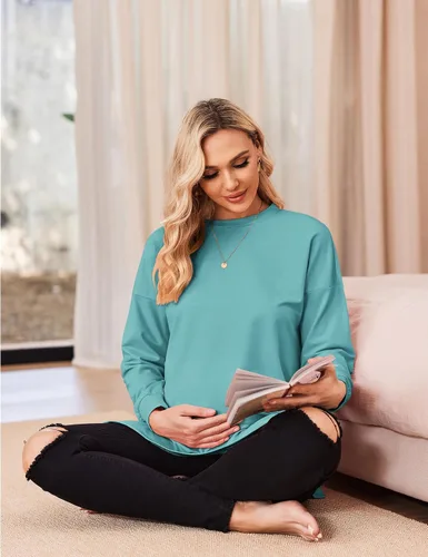 Vista 3 de Ekouaer Camisas de maternidad para mujer, manga larga, con abertura lateral, camiseta de embarazo, blusa tipo túnica, ropa casual para mamá
