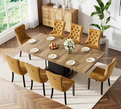 Vista 71 de Mesa de comedor extensible de 78.74 pulgadas para 6 8 y 10 pulgadas, moderna mesa de comedor extensible de granja con base de doble pedestal, mesa