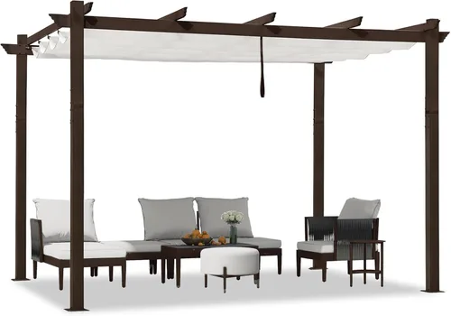 Vista 24 de PURPLE LEAF Pérgola de 10 x 12 pies con toldo retráctil, pérgola cuadrada de bronce de aluminio para patio al aire libre, junto a la piscina, beige
