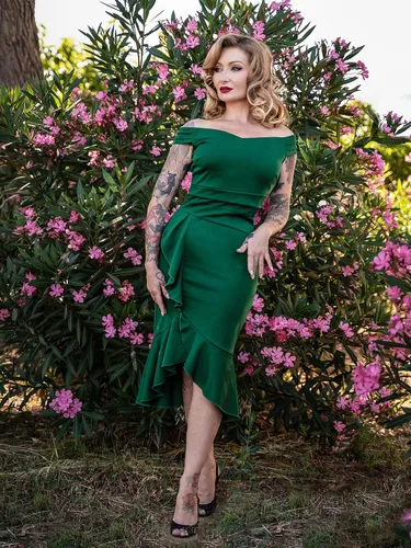 Vista 3 de Knitee Vestido formal de noche con cuello en V y volantes y cintura plisada para mujer