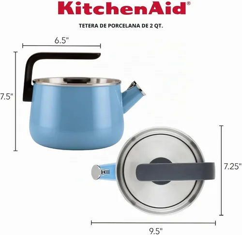 Vista 2 de KitchenAid Teakettles - Tetera silbadora de acero esmaltada y lista para inducción, tapa de acero inoxidable, 2 cuartos de galón, terciopelo azul