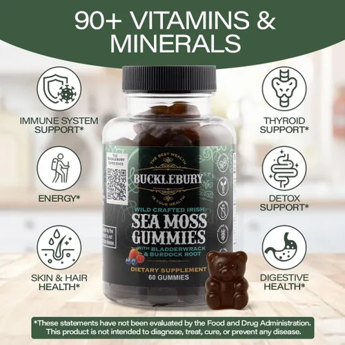 Vista 4 de BUCKLEBURY Wild Crafted - Gomitas de musgo marino irlandés con vejiga y raíz de bardana, multivitamínico masticable natural, veganas, para apoyo
