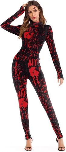 Vista 26 de Sister Amy Disfraz de esqueleto de calavera para mujer de Halloween, traje ajustado de una pieza J-colorido esqueleto