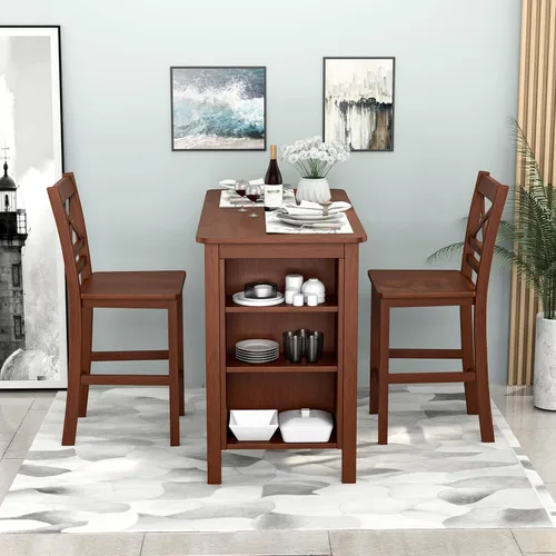 Vista 7 de COSTWAY Mesa de bar de altura de mostrador, mesa de pub con estantes de almacenamiento de 3 niveles, mesa de cocina rectangular de 48 x 24 pulgadas