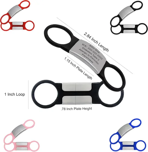 Vista 3 de Pulsera de identificación de alerta de seguridad roja impermeable multiusos, grabado gratuito, accesorio de silicona hipoalergénica con placa