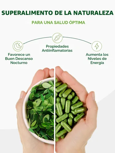 Vista 8 de PURA VIDA MORINGA Cápsulas de polvo de Moringa de origen único orgánico. Hoja pura de Moringa. Energía, metabolismo y apoyo inmunológico. 120