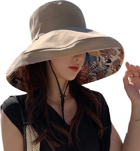 Vista 52 de Sombrero de sol de ala súper ancha para mujer, de algodón, plegable, reversible, con borde con cable, protección UV, verano, playa, viajes, jardín