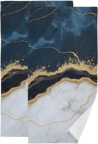 Vista 2 de Bolaz Juego de 2 toallas de mano para baño, algodón azul marino con vetas doradas, decorativas, 28 x 14 pulgadas, absorbentes y suaves