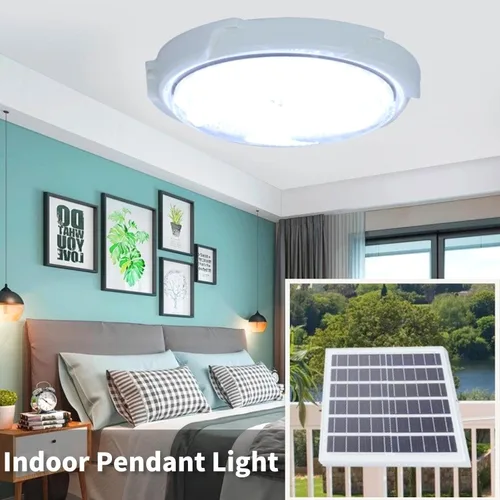 Vista 5 de Luz solar para cobertizo, luces colgantes solares para interiores y exteriores con control remoto, lámpara LED impermeable de techo para kiosco