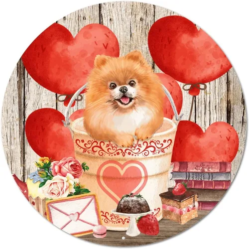 Vista 8 de Placa redonda de metal para el día de San Valentín, rosas y globos de corazón de amor, letrero clásico de corona para el hogar, impresiones