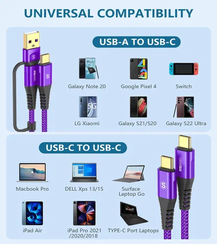 Vista 5 de Cable USB-C a USB-C de 6.6 pies PD 100 W iPhone 17 cargador 2 en 1 USB A/C a USB-C cable trenzado de nailon para iPhone 17 16 15 Pro Max Plus iPad