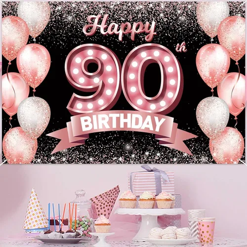 Vista 52 de Cartel de feliz cumpleaños décimo oro rosa, telón de fondo, saludos a 10 años, globos de confeti, decoración temática para niñas de 10 años