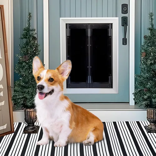 Vista 7 de Puerta de aluminio para mascotas con paneles, puerta duradera para perro con solapas magnéticas de cierre automático, panel deslizante y 4