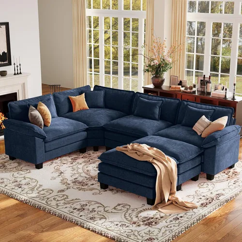 Vista 15 de Sofá modular de gran tamaño de 154 pulgadas, cómodo sofá en forma de U con 3 otomanas móviles, sofá moderno de felpilla de 7 plazas para sala
