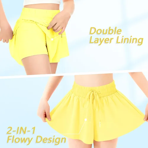 Vista 4 de Pantalones cortos deportivos de mariposa para niñas, pantalones cortos fluidos con bolsillo 2 en 1, pantalones cortos para correr, entrenamiento