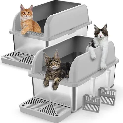 Vista 13 de Caja de arena de acero inoxidable para gatos con tapa cerrada, caja de arena extra grande para gatos grandes, bandeja de arena de metal XL
