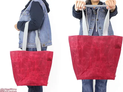 Vista 8 de Handmade Waxed Canvas Grocery Bag Pocket Bag Eco-Friendly Reusable Market Bag Extra Strong Large Shopping Farmers Bag Long Handles Stylish Cute Tote