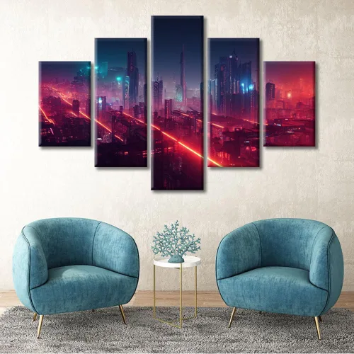 Vista 284 de Cuadros de 5 paneles de Cyberpunk City, arte de pared, representación de vallas publicitarias, edificios modernos en la capital con obras de arte
