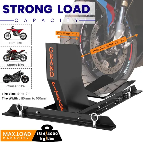 Vista 4 de GRAND PITSTOP Calzo de rueda universal para soporte de motocicleta para remolque, completamente ajustable, desmontable y plegable (negro)