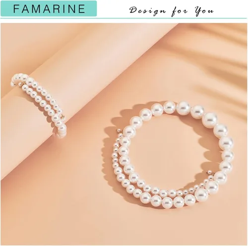 Vista 6 de FAMARINE Gargantilla de perlas, pulsera de perlas, collar simple para boda, Latón, No es una piedra preciosa