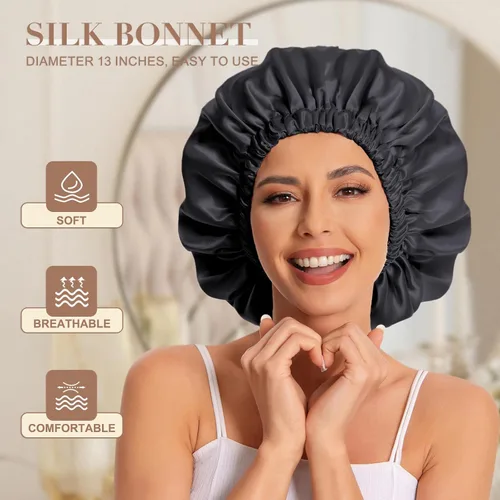 Vista 2 de Gorro de satén de seda para dormir, gorro de satén para dormir, gorro de satén para dormir para cabello natural y rizado (negro y verde negruzco)