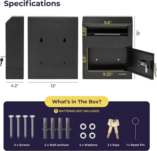 Vista 5 de Volcora Caja de llaves con cerradura, caja de depósito con ranura de caída, caja fuerte de dinero con teclado digital, caja fuerte para negocios