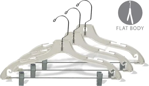 Vista 2 de Percha de plástico transparente junior con almohadillas ajustables, caja de 100 perchas planas de 14 pulgadas que ahorran espacio con muescas