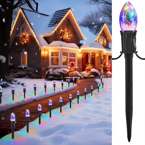 Vista 11 de Tira de luces LED estilo sendero de Navidad para exteriores; tira de 20 luces LED C9 con carcasa de fresa y estaca, interconectables, luz cálida