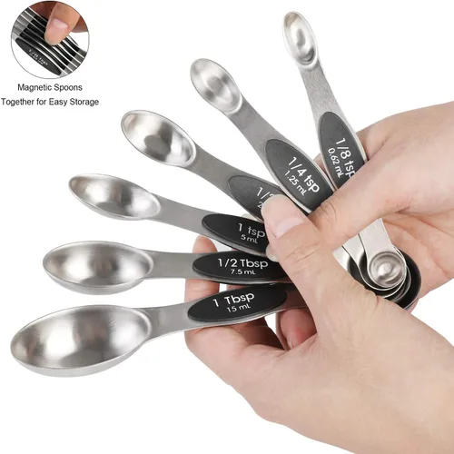 Vista 2 de Juego de cucharas medidoras magnéticas de acero inoxidable de doble cara apilables, cucharadita y cucharada para medir ingredientes secos y líquidos