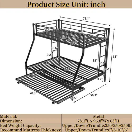 Vista 2 de Litera de metal individual sobre cama matrimonial con nido, marco de cama de metal resistente de acero resistente con escaleras de dos lados