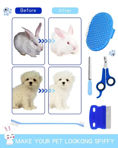 Vista 7 de 10 in 1 Pet Grooming Kit Dog Cat Rabbit Grooming Tools with Bath Brush Nail Clipper File Comb Toothbrush Set for Small Animals