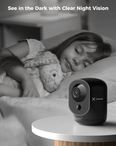 Vista 6 de COCOCAM Cámara de seguridad interior con vista panorámica/inclinación 2K con batería de 5200mAh, cámara WiFi, inalámbrica para monitor