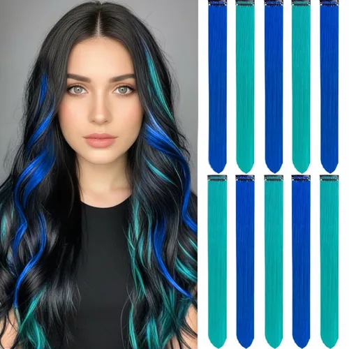 Vista 31 de 20 extensiones de cabello de colores, coloridas extensiones de cabello sintético con clip, extensiones de cabello sintético largo y lacio