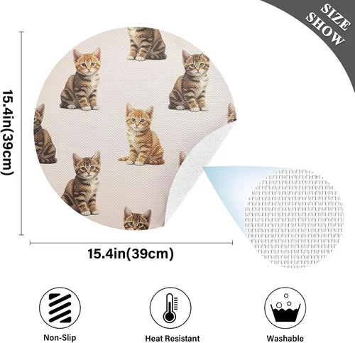 Vista 4 de Cute Orange Brown Kittens Pale Table Place Mats, Non Slip Placemats Round Washable for Kitchen Table one sizex4