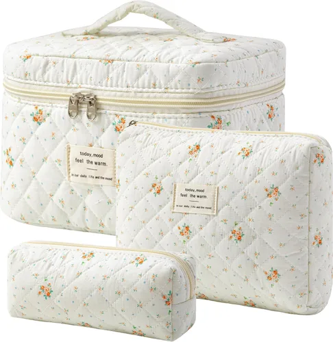 Vista 22 de HBselect Bolsa de Maquillaje Acolchada, 3 Piezas de Gran Bolsa de Maquillaje de Viaje de Algodón, Linda Bolsa de Maquillaje Floral Coquette, Bolsa