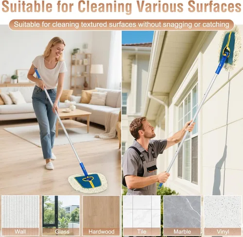Vista 4 de SOBONNE - Trapeador de polvo comercial para limpieza de pisos de madera dura 2 Reusable Wedge Cotton Mop Pads/61" Long Handle Dry Mop Broom for