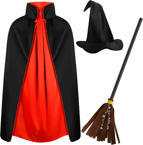 Vista 10 de Boyiee 3 piezas de disfraz de bruja para niños, capa reversible, sombrero de mago, escoba de mago, capa de vampiro para carnaval, Mardi Gras, Día