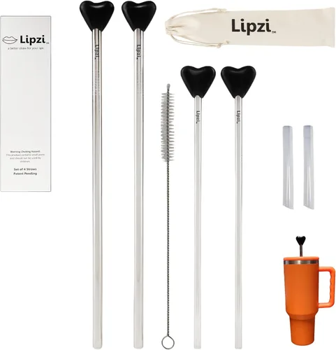 Vista 7 de Lipzi - Paja telescópica de acero inoxidable - Paja antiarrugas compatible con vasos Stanley de 40 onzas - Punta de silicona ajustable para mantener