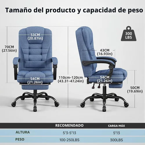 Vista 2 de Silla de juegos con reposapiés, silla de oficina ergonómica reclinable de 90° a 150°, silla de escritorio ajustable con reposabrazos de Tela azul