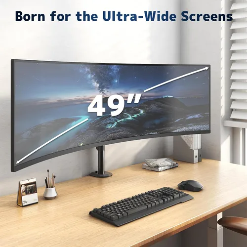 Vista 2 de Brazo de monitor único para pantallas de hasta 49 pulgadas, soporte de montaje para monitor ultra ancho, perfil bajo